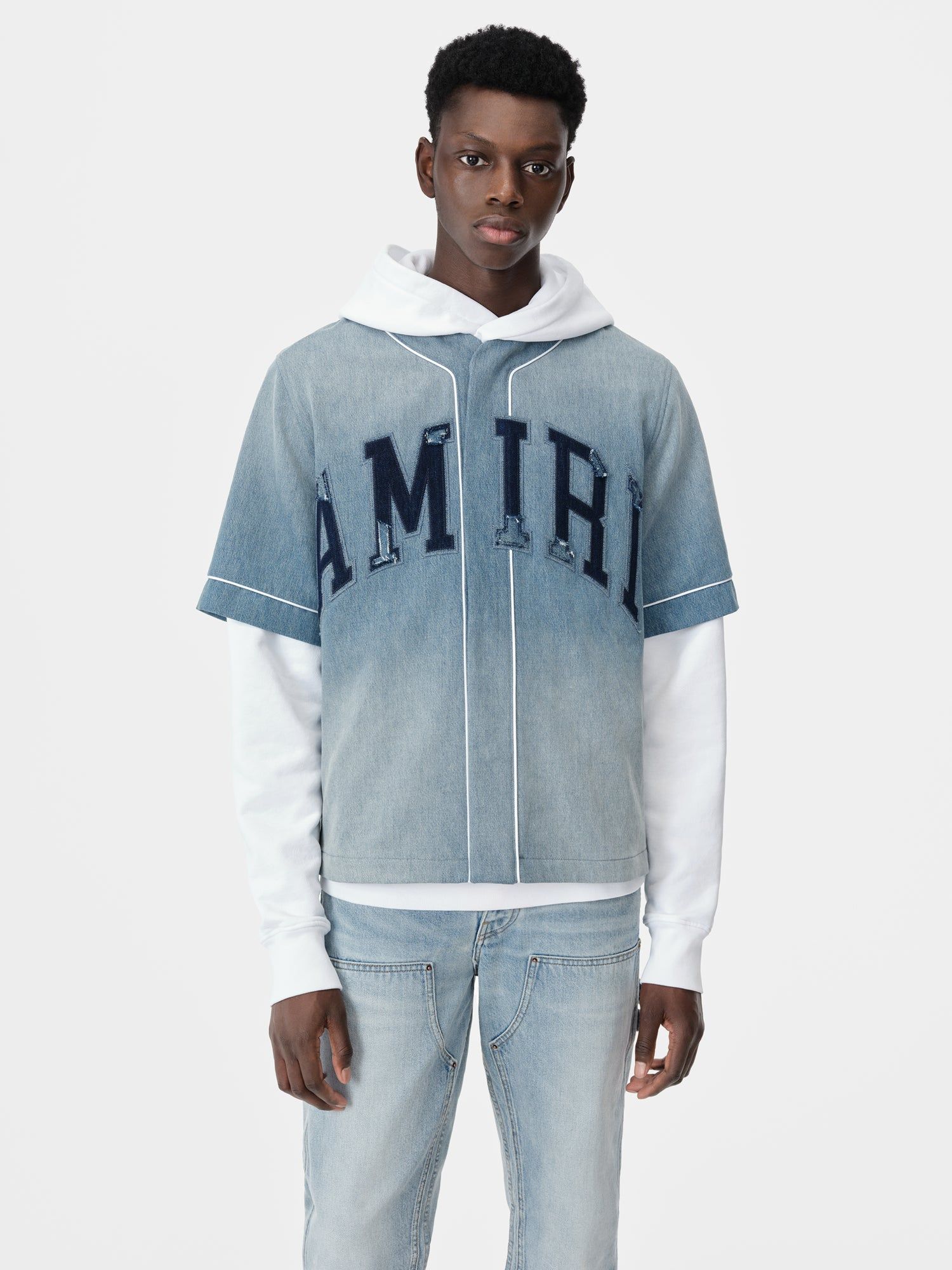 Amiri Sunfaded Baseball Shirt Men Denim Indigo | SDL162059